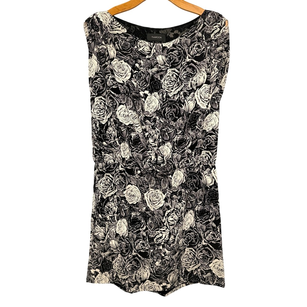 Thakoon Silk Floral Mini Dress Women 10 Black White Sleeveless Rose Print Luxury